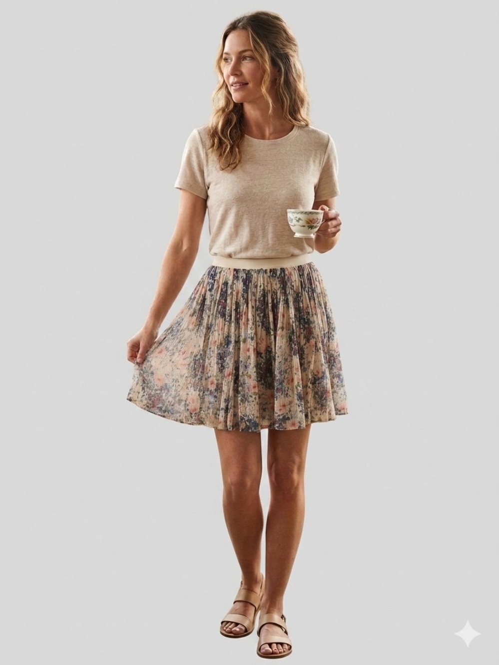 JOIE 100% Silk Pleated Floral Mini Skirt Cream Multi Watercolor Boho S